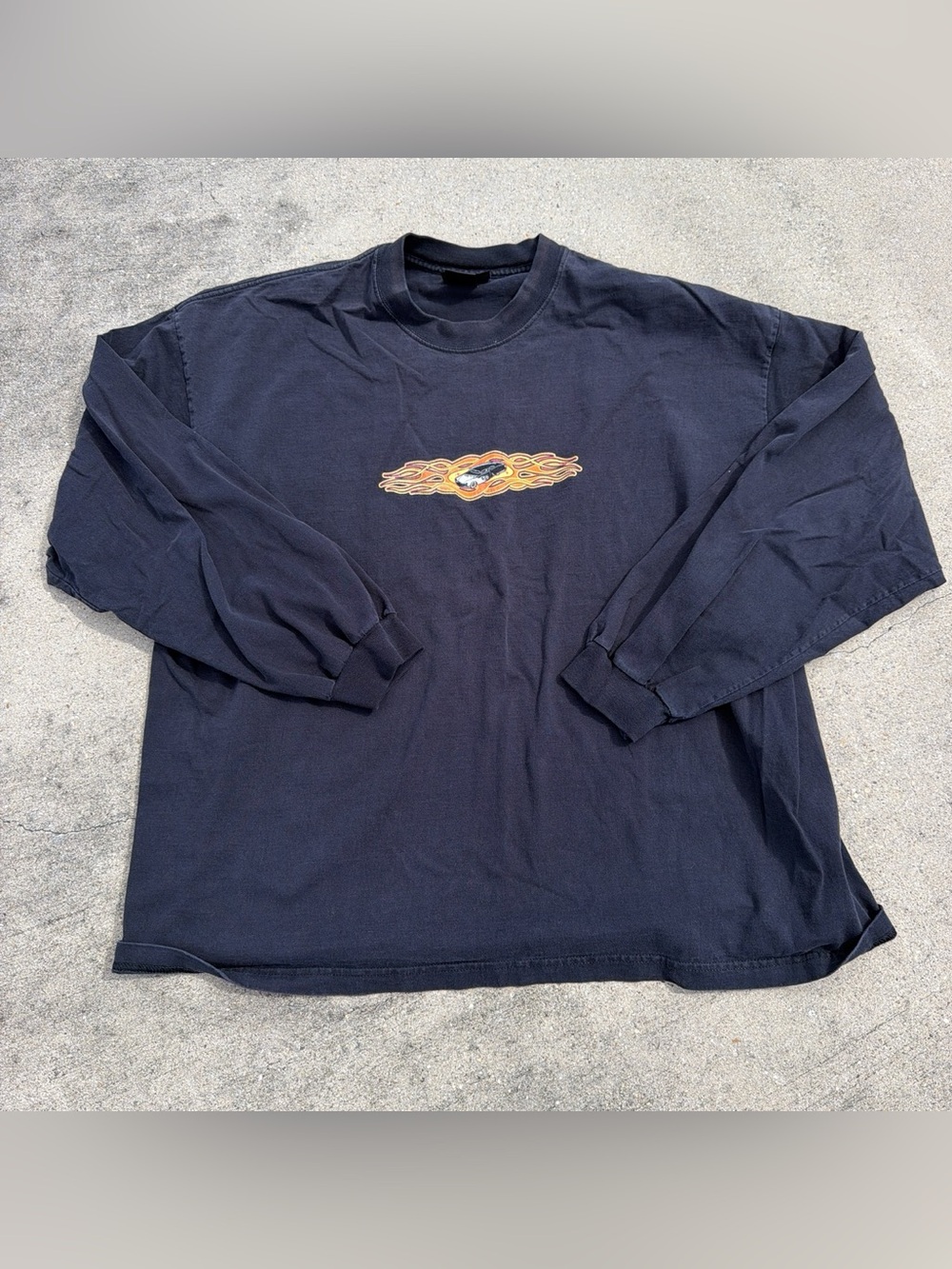 Men's Black Long Sleeve Crewneck Shirt with Flame Graphic